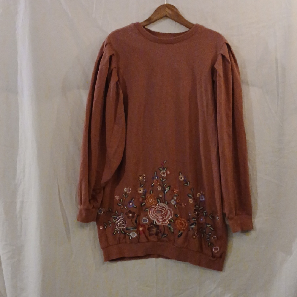 Floral Embroidered Rust Sweatshirt Dress